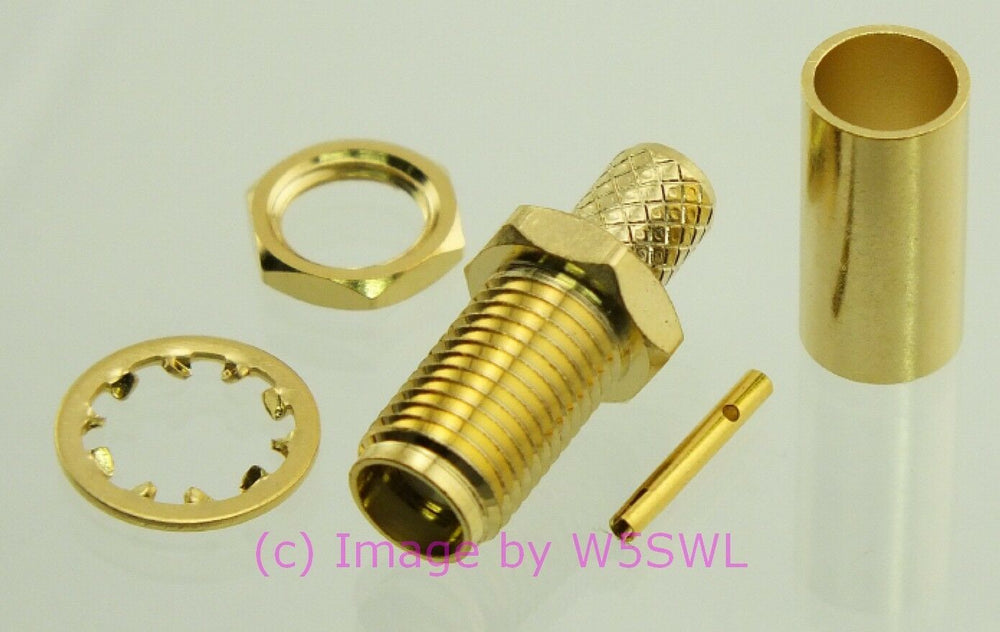 W5SWL SMA Female Coax Connector Chassis Bulkhead Crimp RG-58 LMR-195 GOLD - Dave's Hobby Shop by W5SWL