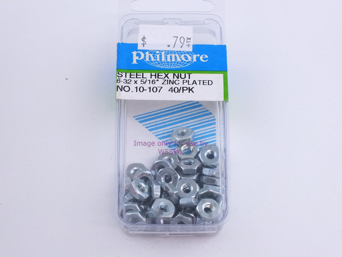 Philmore 10-107 Steel Hex Nuts #6-32 x 5/16"-Zinc Plated 40Pk (bin101) - Dave's Hobby Shop by W5SWL