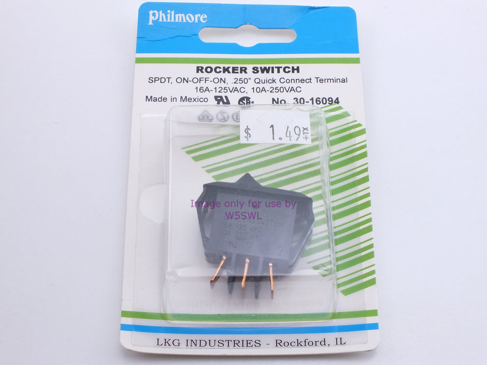 Philmore 30-16094 Rocker Switch SPDT On-Off-On .250" Quick Connect 16A-125VAC (bin25) - Dave's Hobby Shop by W5SWL