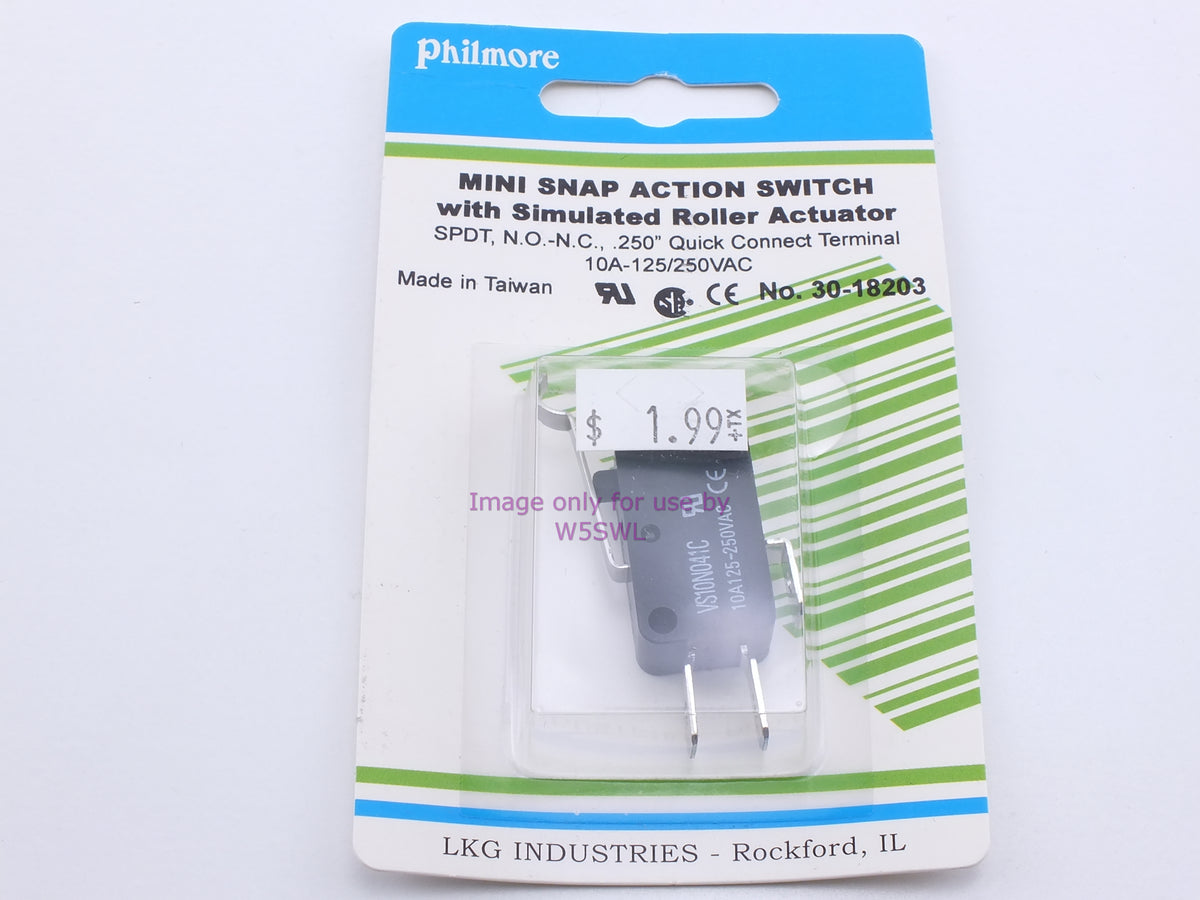 Philmore 30-18203 Mini Snap Action Switch w/Simulated Roller Actuator SPDT N.O.-N.C. .250" Quick Connect 10A-125/250VAC (bin26) - Dave's Hobby Shop by W5SWL