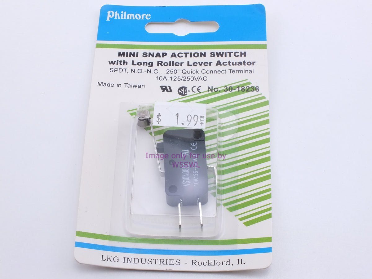 Philmore 30-18236 Mini Snap Action Switch w/Long Roller Lever Actuator SPDT N.O.-N.C. .250" Quick Connect 10A-125/250VAC (bin26) - Dave's Hobby Shop by W5SWL