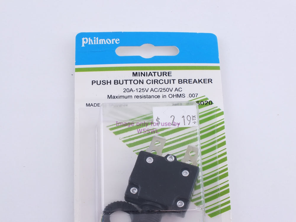 Philmore 30-6020 Mini Push Button Circuit Breaker 20A-125VAC/250VAC Max. Resistance in Ohms .007 (bin62) - Dave's Hobby Shop by W5SWL